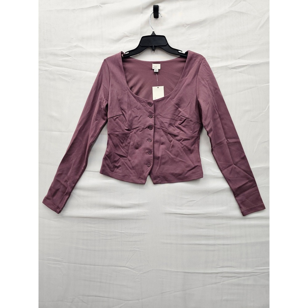 A New Day Women Plum Purple Button Front Long Sleeve Top Sweetheart Neck Small